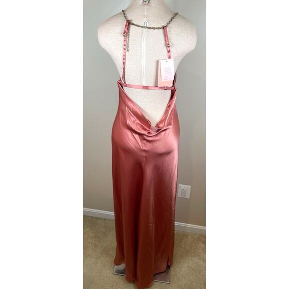 CULT GAIA Kirya Jaipur Gold Chain Halter Neck Pink Satin Maxi Gown Size Small - Picture 8 of 10